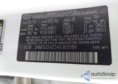 2010 Hyundai Santa Fe Gls from USA, damaged, VIN 5NMSGDAB3AH365589